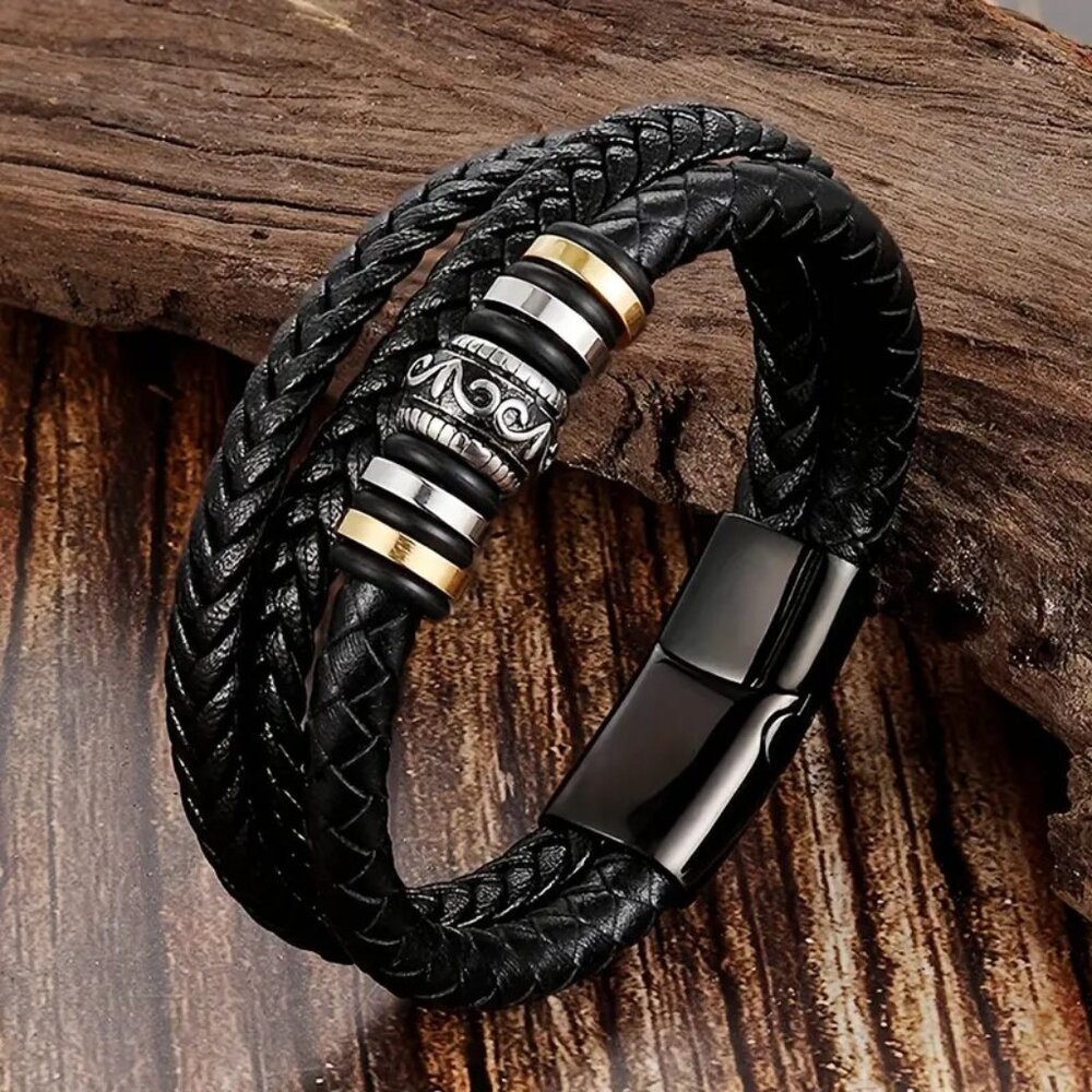 Leather Wrist Cuff Bracelet Stainless Metal Beads Edgy Buckle Stylish Trendy NEW